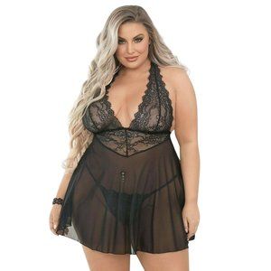 Plus Black Lace Racerback Babydoll Womens 1X Halter Lace Strap Lingerie
